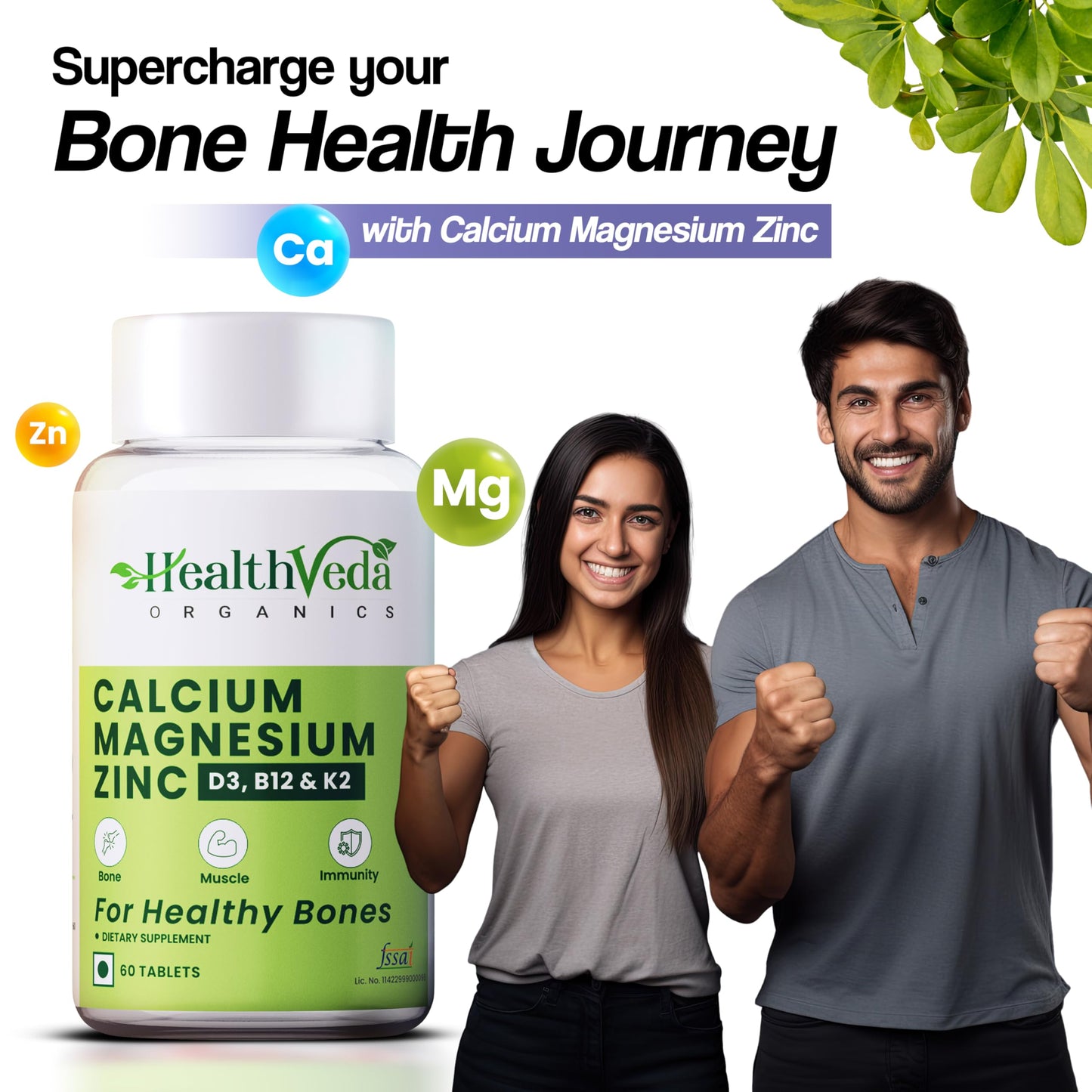 HEALTH VEDA ORGANICS PRIVATE LIMITED Calcium, Magnesium, Zinc with Vitamin D3 & B12, 1000mg I 60 Veg Tablets | Support Strong Bones, Joints & Muscles | For Both Men & Women