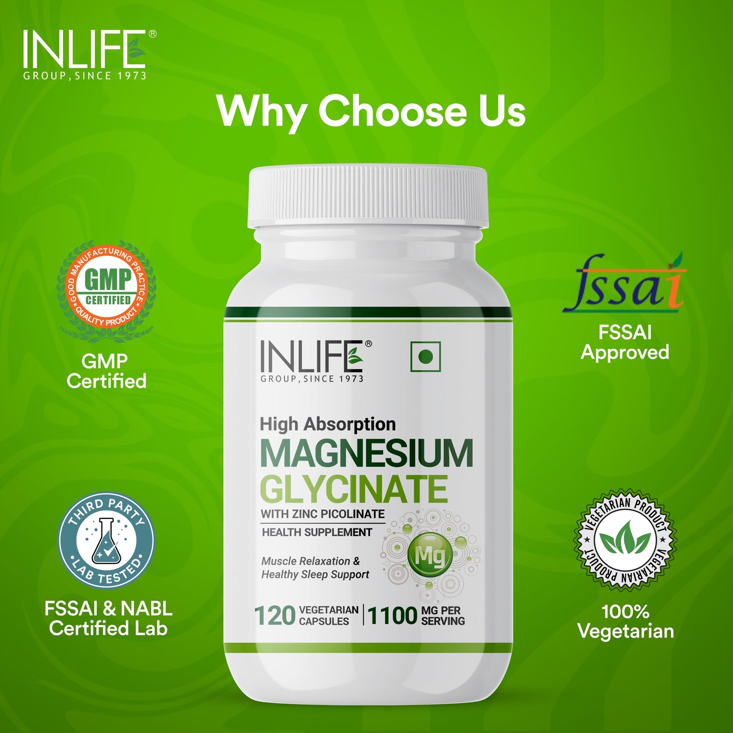 INLIFE Magnesium Glycinate Supplement 1100mg (Elemental Magnesium 242mg) with Zinc 10mg (as Zinc Picolinate) Per Serving, Relaxation & Healthy Muscle Function - 120 Capsules (Pack of 2, 240)