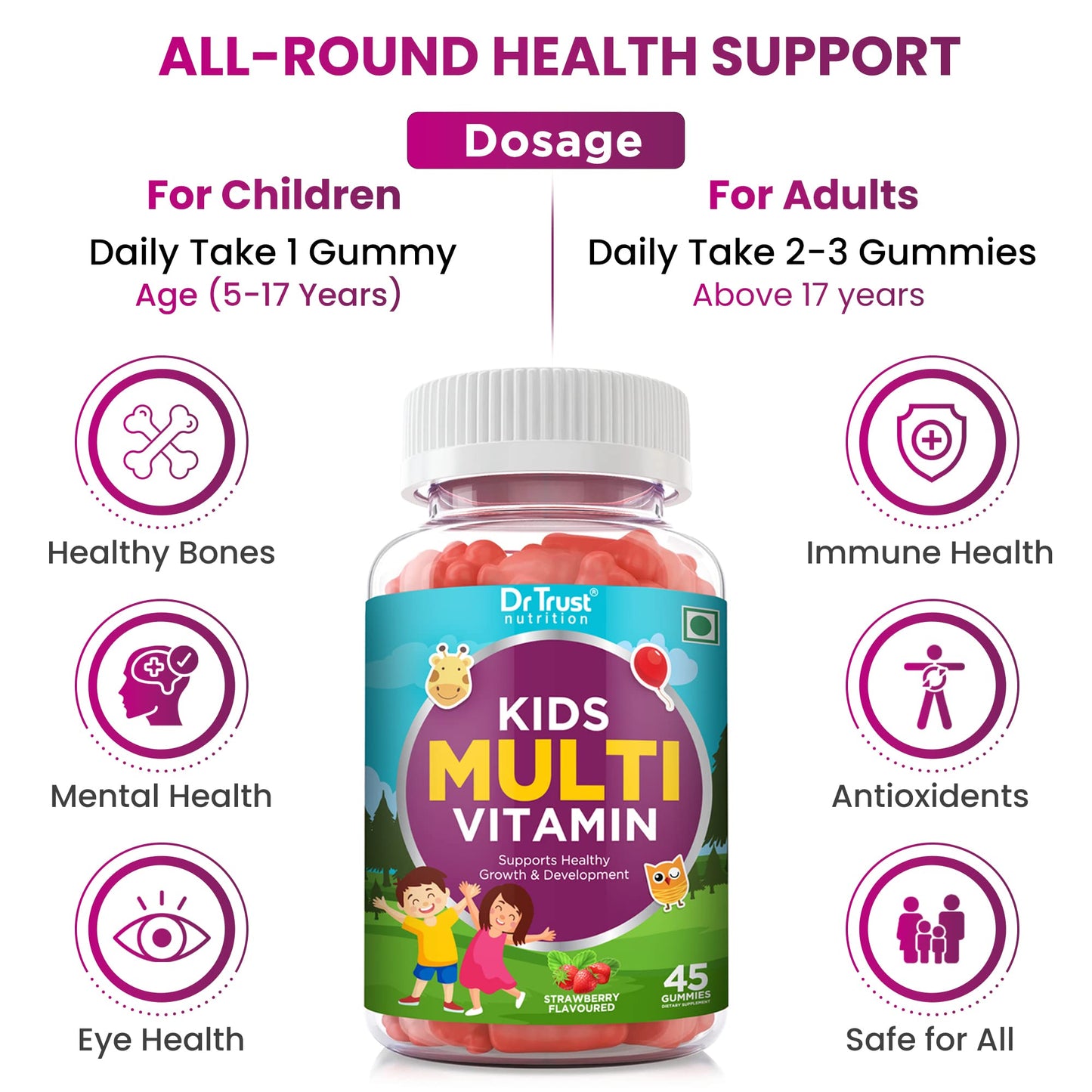 Dr Trust Nutrition Kids Multivitamin Gummies with sodium, Vitamin,Pantothenic Acid, Zinc, magnesium and Folate-711, Pack of 45 gummies