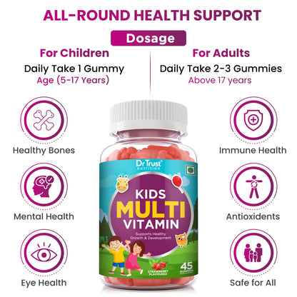 Dr Trust Nutrition Kids Multivitamin Gummies with sodium, Vitamin,Pantothenic Acid, Zinc, magnesium and Folate-711, Pack of 45 gummies