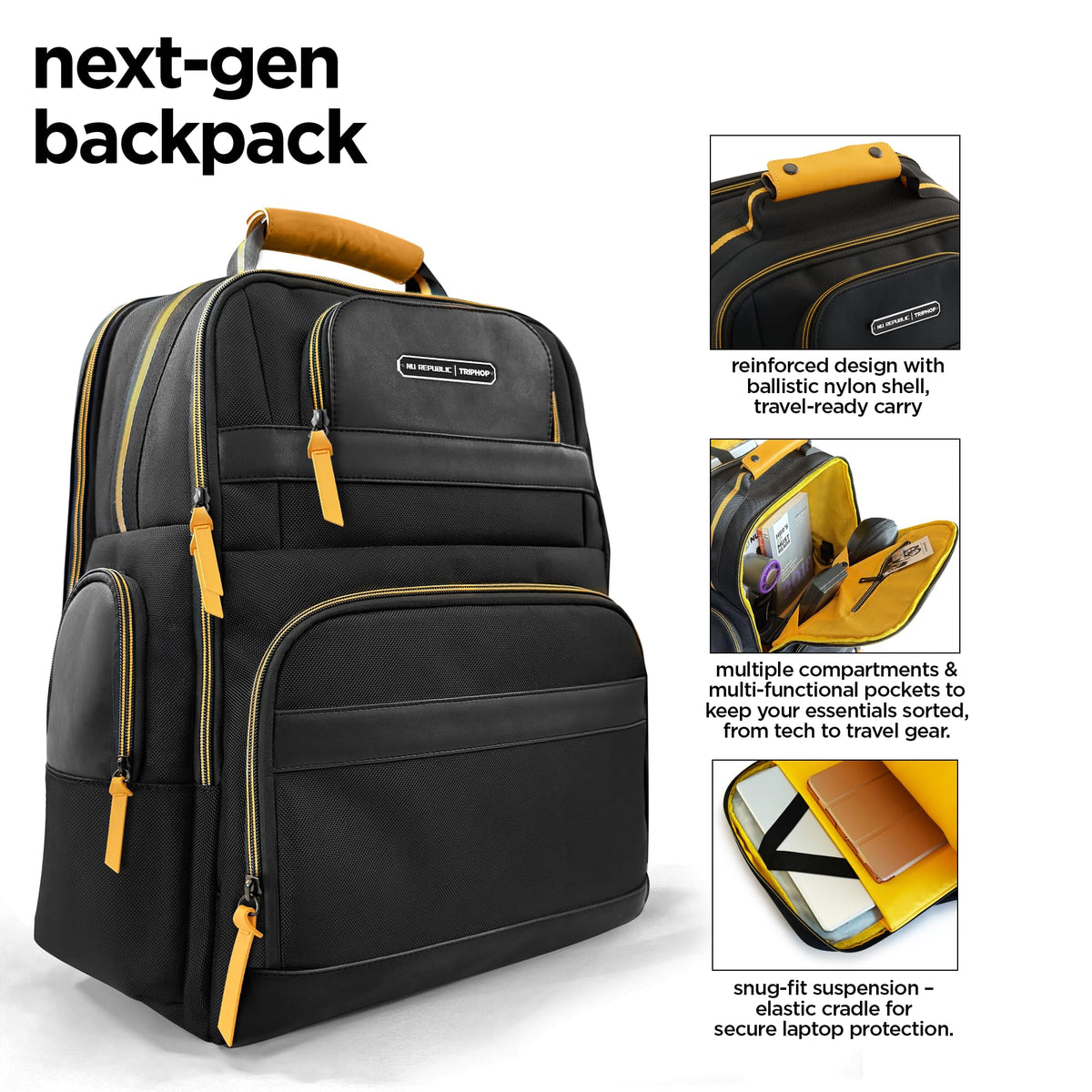 Nu Republic Triphop 18-inch Laptop Backpack | Dual USB-C & USB-A | Vegan Leather & Ballistic Nylon | Water-Resistant | Multi-Pocket College & Office Bag for Men & Women (Black)
