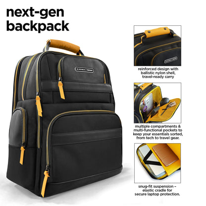 Nu Republic Triphop 18-inch Laptop Backpack | Dual USB-C & USB-A | Vegan Leather & Ballistic Nylon | Water-Resistant | Multi-Pocket College & Office Bag for Men & Women (Black)