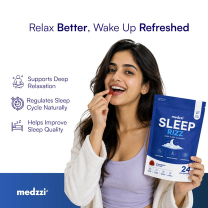 Medzzi Sleep Rizz Gummies with Melatonin, Ashwagandha & Chamomile | Promotes Deep Sleep, Reduces Stress & Calms Mind | Strawberry Flavour | 24 Veg Gummies