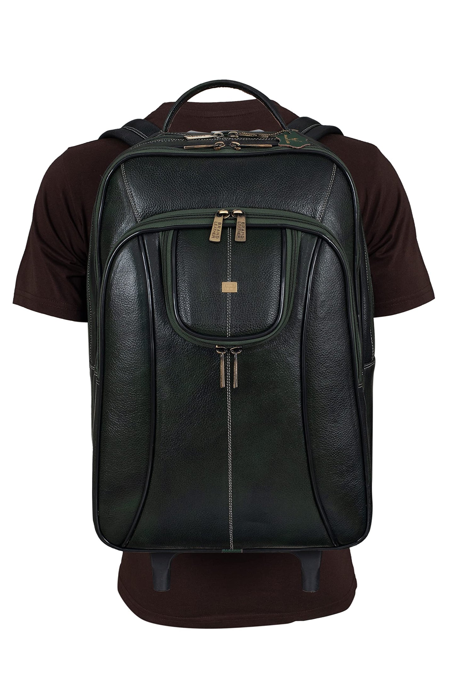 BRAND LEATHER Rolling Backpack Wheeled Laptop Backpack for Travel, Carryon Trolley Luggage Suitcase Compact Business Bag Student Laptop Bag for Men Women (Green)