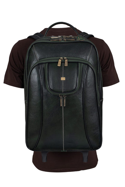 BRAND LEATHER Rolling Backpack Wheeled Laptop Backpack for Travel, Carryon Trolley Luggage Suitcase Compact Business Bag Student Laptop Bag for Men Women (Green)