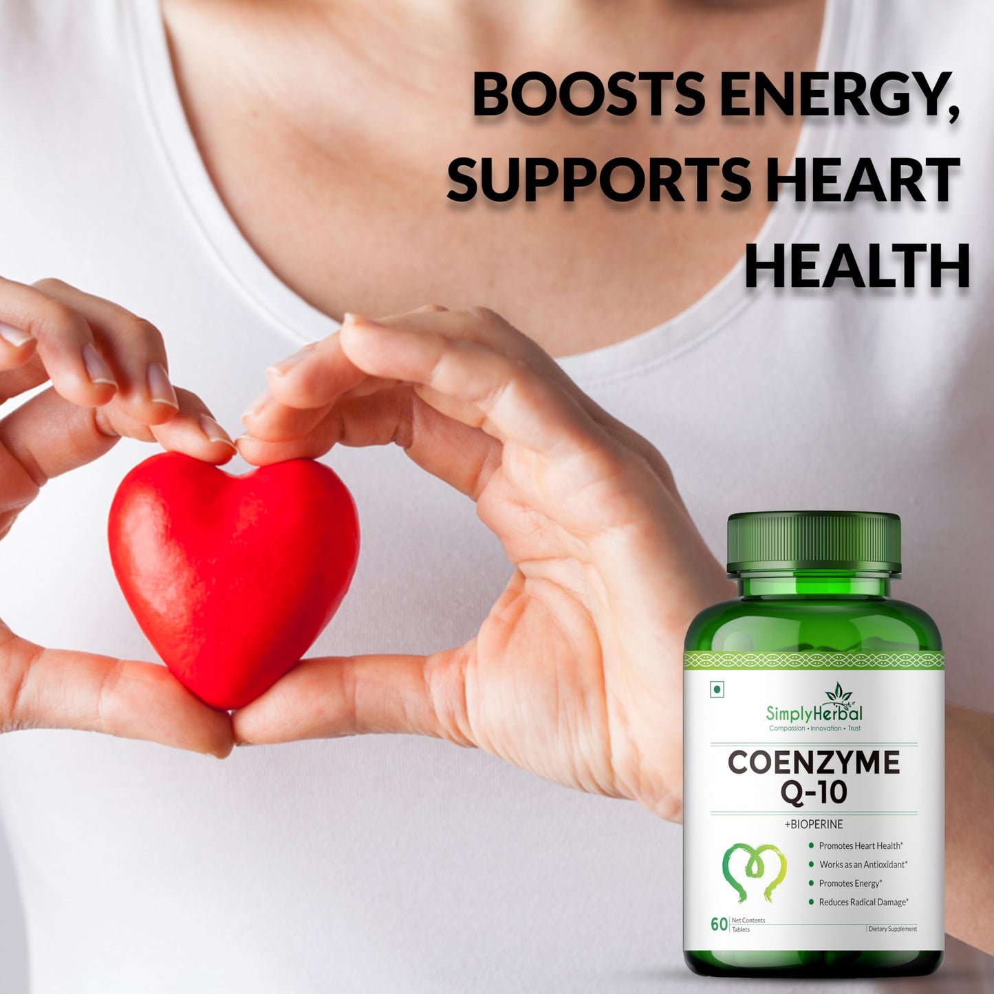 Simply Herbal CoQ10 Natural Coenzyme Q10 Tablets 200mg with Bioperine Antioxidant Supplements, Provide Superior Absorption, Supplement for Heart Health and Energy Metabolism - 60 Tablets