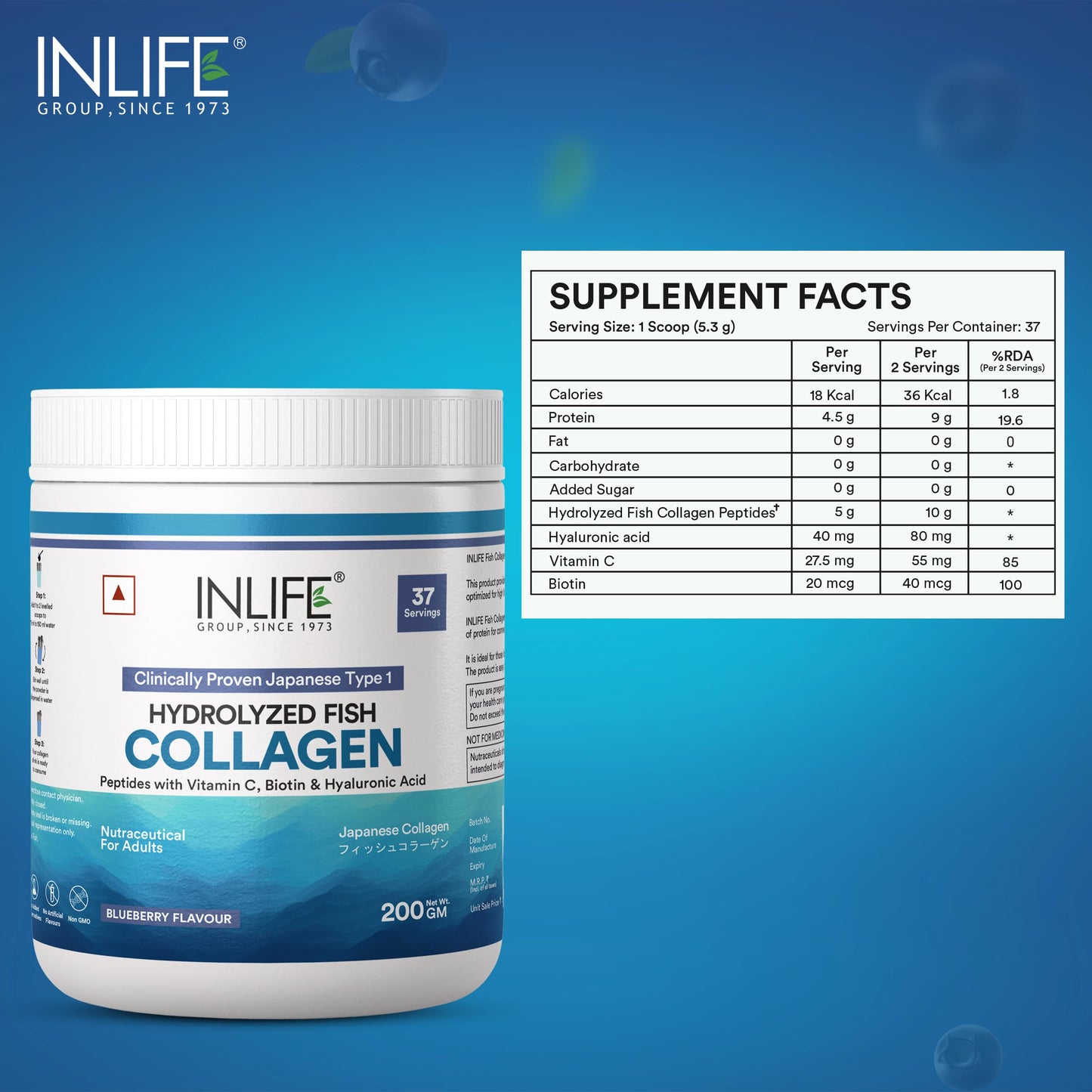 INLIFE Japanese Marine Collagen Supplements for Women & Men | Clinically Proven Ingredient with Biotin, Hyaluronic Acid, Vitamin C & Glucosamine (200g, Blueberry)