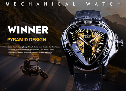 FORSINING Winner Fashion Mechanical Wrist Watch Triangle Racing Dial, Waterproof Golden Skeleton Dial Automatic Movement Leather Design Mechanical Analog Watch For Men, Black,