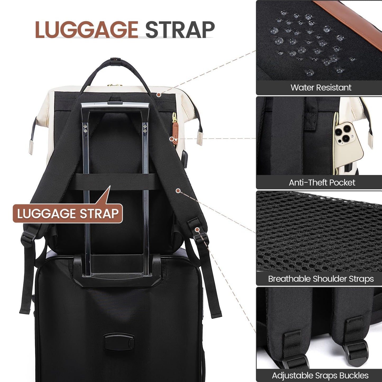 LOVEVOOK Laptop Backpack for Women, Travel Computer Work Bag, Business Teacher Nurse Backpack Purse, 15.6-inch, Beige-Brown-Black, Beige-brown-black, 15.6 Inch
