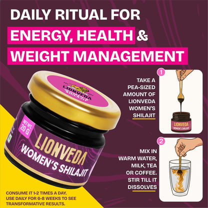 LIONVEDA Women's Shilajit For Weight Loss, Energy, Skin, Joint Pains, Overall Health & Stamina | Himalayan Pure Shilajit For Women | Resin/Shilajeet (20g, 40 Servings) | With Spoon & Lab Certificate
