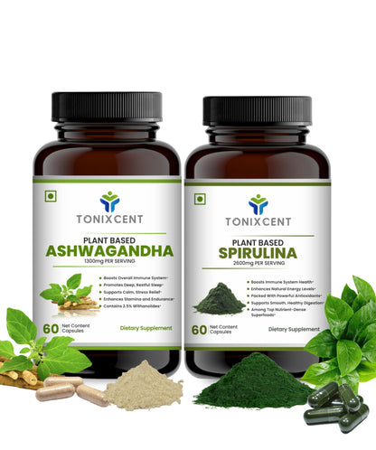 TONIXCENT Mind & Mood Wellness Duo – Ashwagandha 1300mg & Spirulina 2600mg Capsules, 60+60 Vegan Capsules