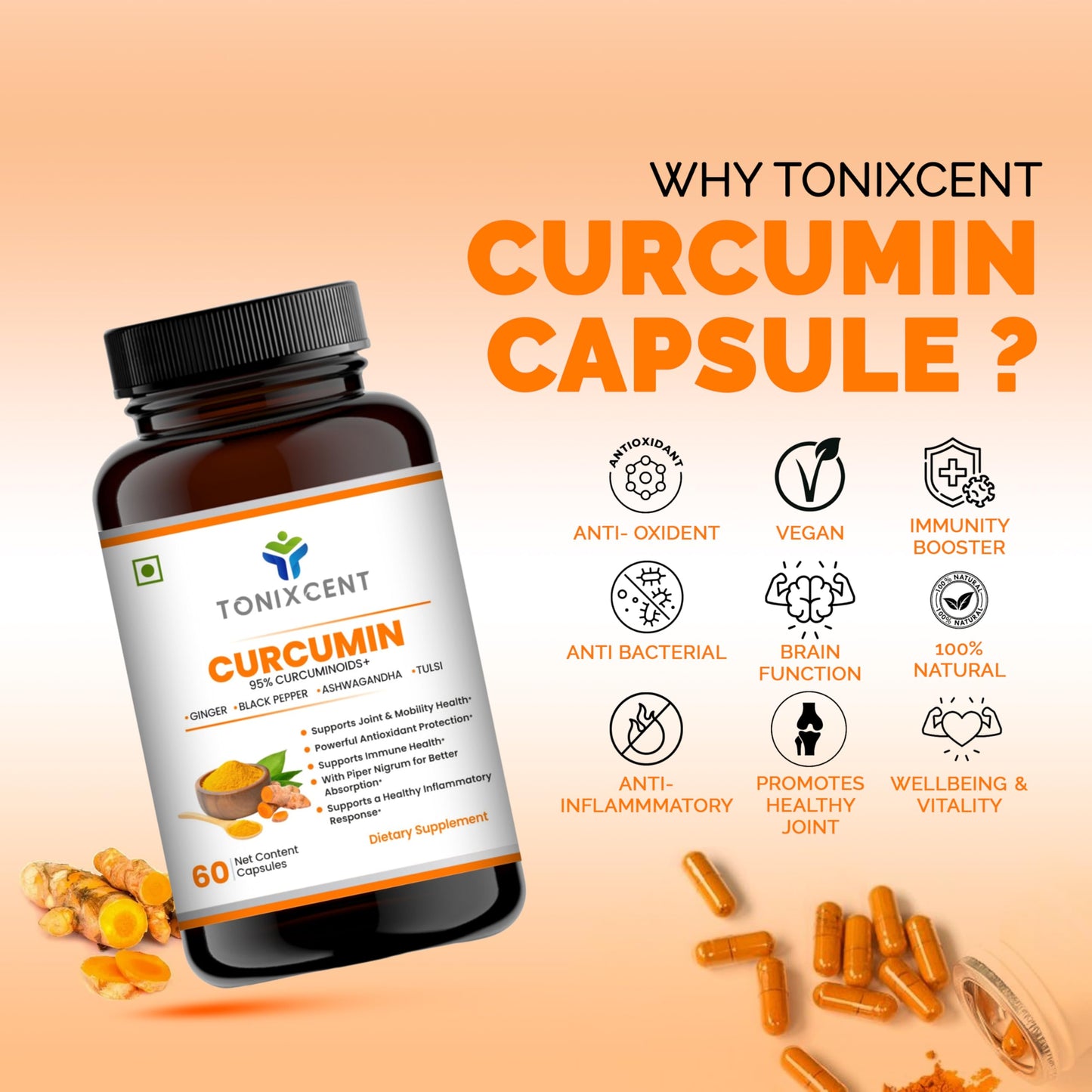 TONIXCENT Anti-Inflammatory Nutrition Duo | Curcumin & Moringa Capsules | Reduces Inflammation, Boosts Energy & Immunity | 60+60 Vegan Capsules