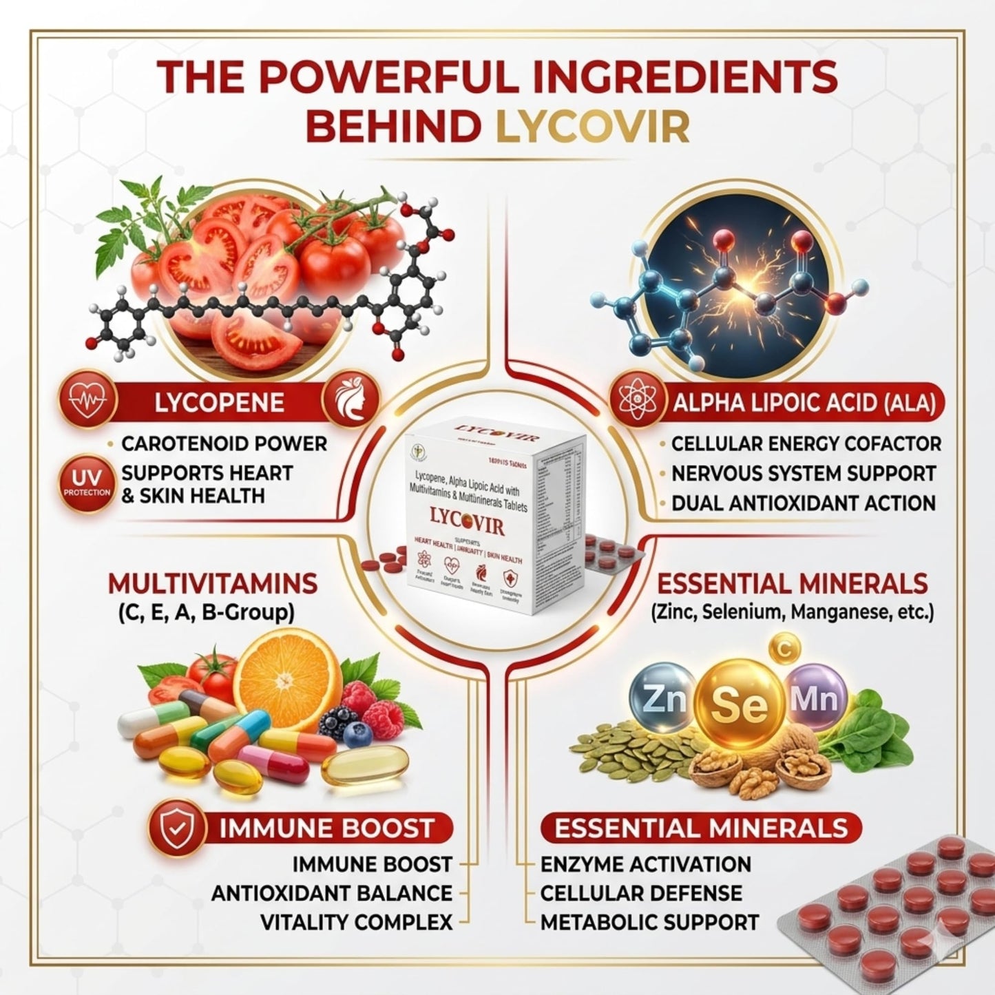 Virgo Healthcare Lycovir Lycopene & Essential Vitamins Tablets | Antioxidant Supplement with Lycopene, Multivitamins | Daily Nutritional Support, Immune Health & General Wellness | 5 x 10 Tablets