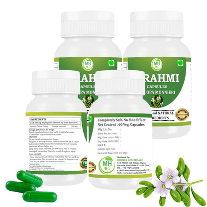 Brahmi Capsules 500 mg – 60 Veg Capsules x 4 Pack | Bacopa Monnieri Extract | Natural Herbal Supplement | Gluten-Free | Vegan-Friendly (morsan healthcare)