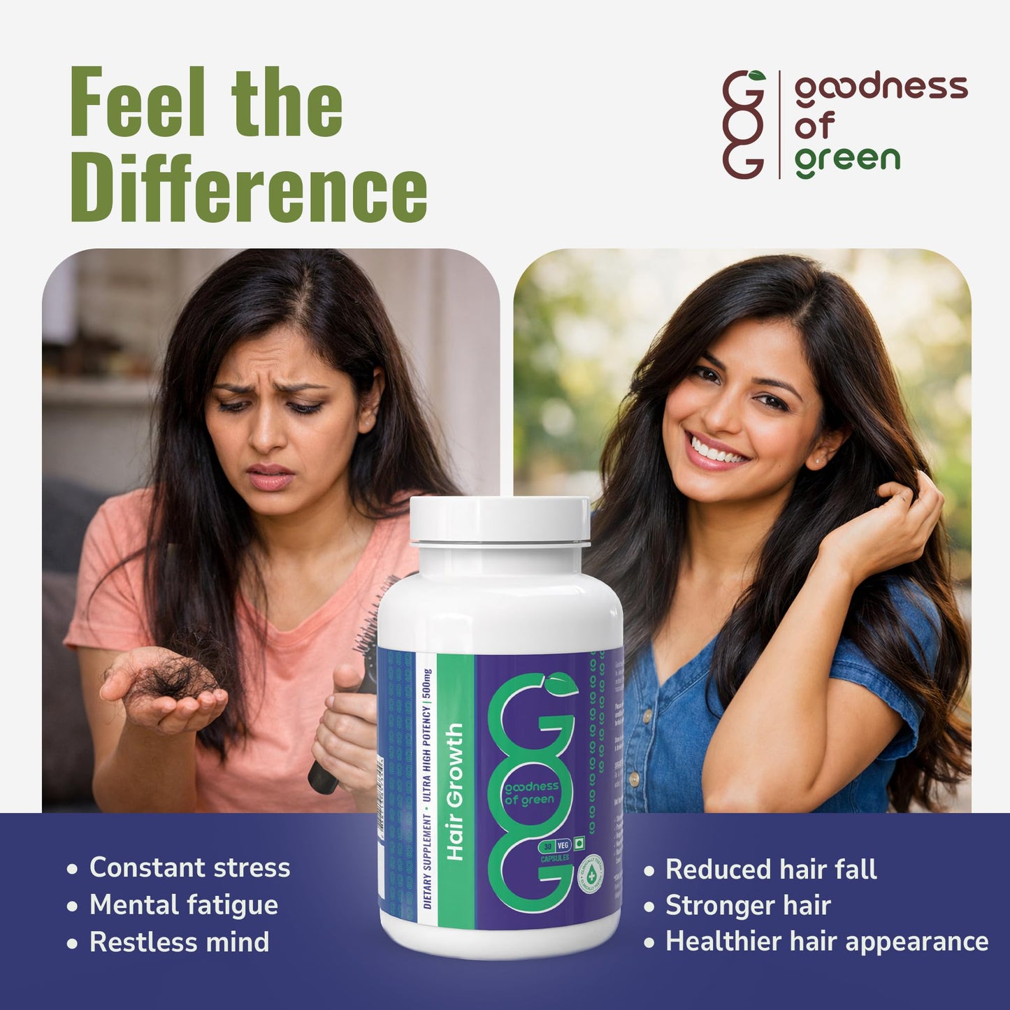 Goodness of Green Hair Growth Supplement, Reduces Hair Fall, Boosts Growth & Strengthens Roots, Herbal Capsules with Amla, Tulsi & Black Pepper, 100% Natural, Plant-Based, Vegan, 30 Capsules