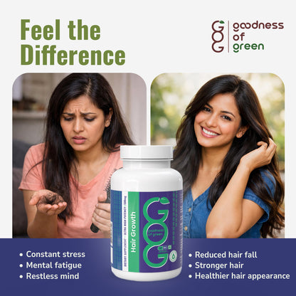 Goodness of Green Hair Growth Supplement, Reduces Hair Fall, Boosts Growth & Strengthens Roots, Herbal Capsules with Amla, Tulsi & Black Pepper, 100% Natural, Plant-Based, Vegan, 30 Capsules