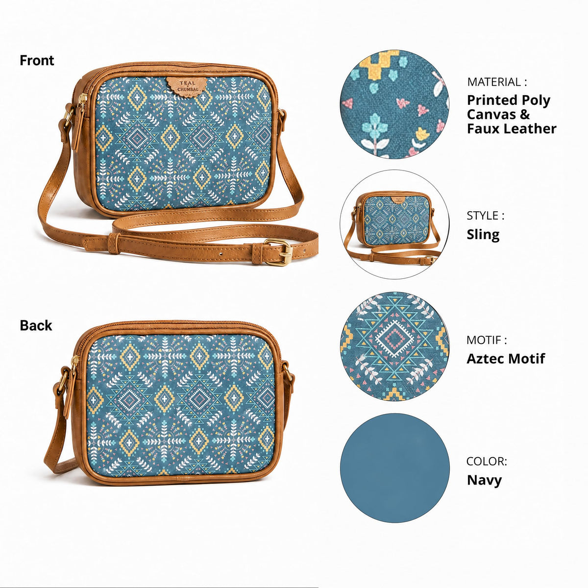 TEAL BY CHUMBAK Women's Sling Bag, Printed Canvas Crossbody Bag with PU Accents, Lightweight and Stylish Shoulder Bag with Zipper Closure for College, Office, Travel and Daily Use