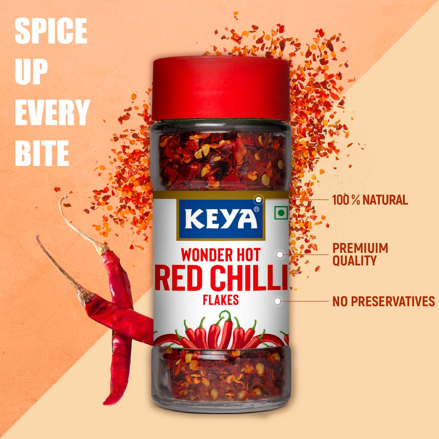 Keya Red Chilli Flakes | Dry Red Chilli Flakes Seasonings | Aromatic Spicy Dried Pizza Pasta Seasoning | Zero added Colours, Fillers, Additives & Preservatives | 100% Natural | 40gm