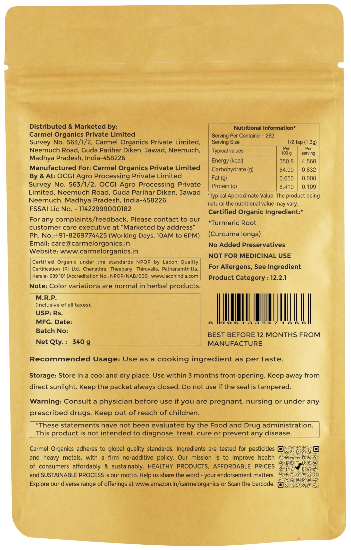 CARMEL ORGANICS Turmeric Root Powder(340 g (Pack of 1))| Haldi Powder | Jaivik Bharat Certified | Non-GMO | Chemical Free & Pesticides Free | No Added Preservative | Manjal Podi/Pasupu Podi