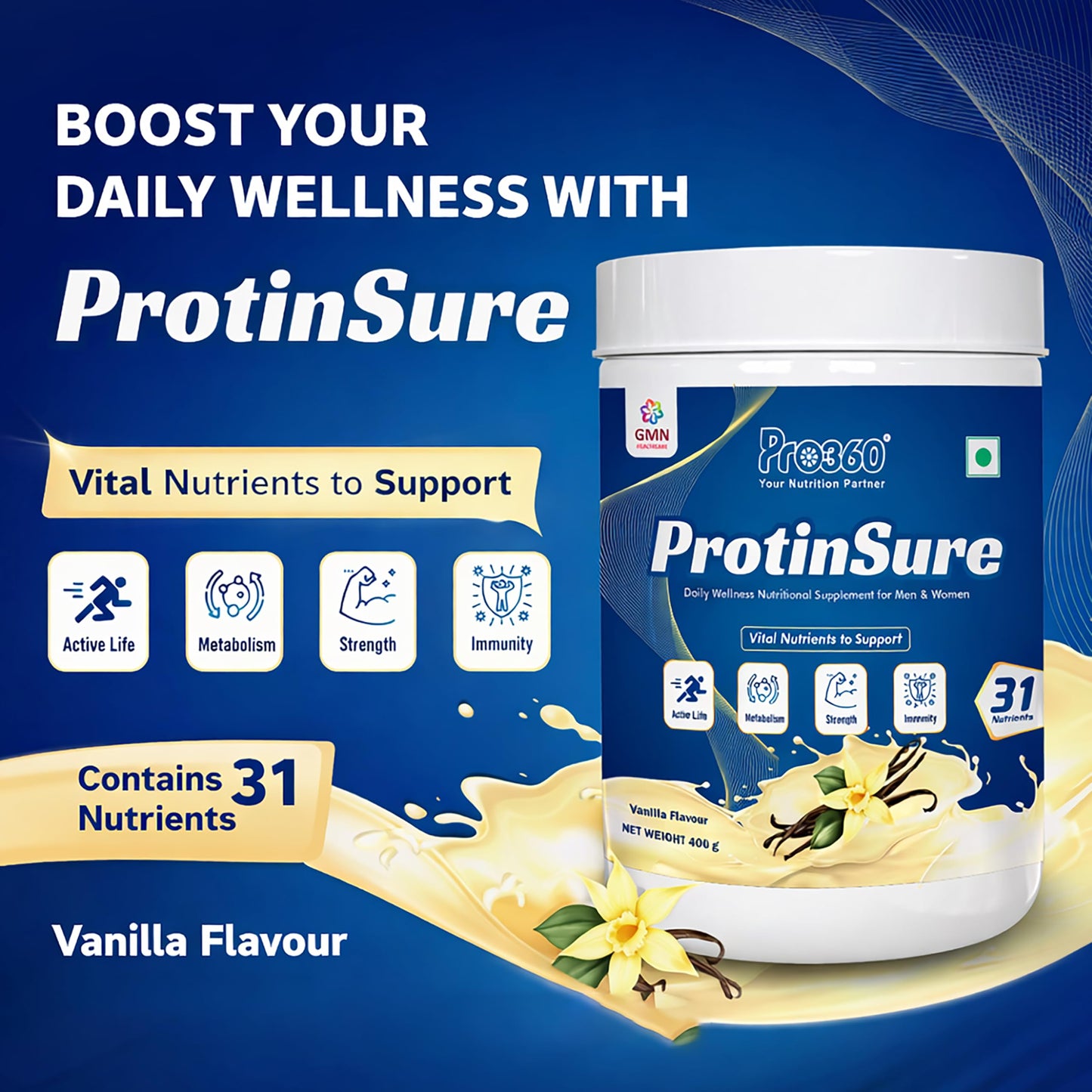 Pro360 ProtinSure Protein Powder Nutritional Supplement for Daily Wellness for Men and Women - Vanilla flavour 400g