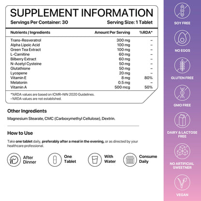 Resveratrol Supplement 300 mg | 12-in-1 Antioxidant Supplement with Glutathione, Trans-Resveratrol & NAC for Cellular Repair, Healthy Skin, Hair, Immunity & Heart | GMO Free | Decode Age ResVit