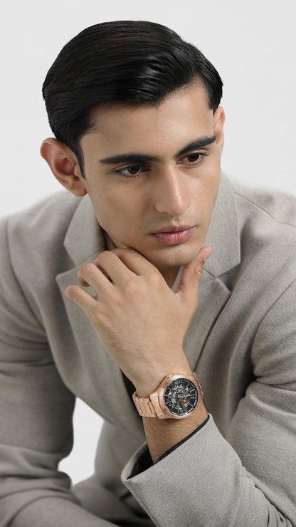 Armani Exchange Stainless Steel Analog Black Dial Men's Watch-Ax2456, Band Color:Rose Gold