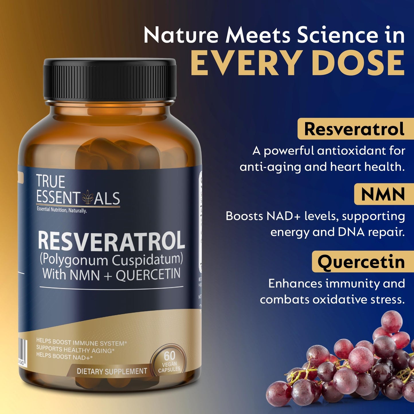 True Essentials Trans Resveratrol 99.9% Pure 500mg Supplement Slow down Aging | Anti-Inflammatory | Improves Metabolism and Heart health (60 Veg Capsules)