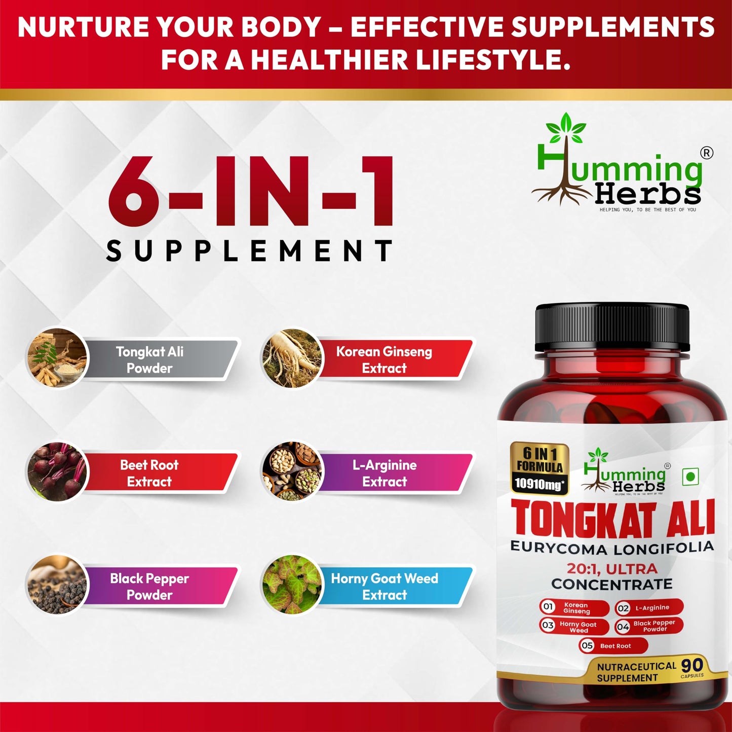 Humming Herbs Tongkat Ali Eurycoma Longifolia 6-in-1 Blend with Korean Ginseng, Horny Goat Weed, L-Arginine, Black Pepper Powder, and Beet Root for Men's Health