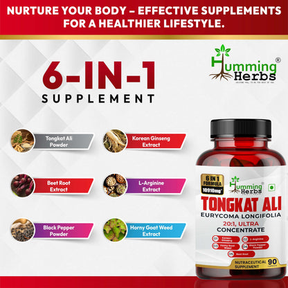 Humming Herbs Tongkat Ali Eurycoma Longifolia 6-in-1 Blend with Korean Ginseng, Horny Goat Weed, L-Arginine, Black Pepper Powder, and Beet Root for Men's Health