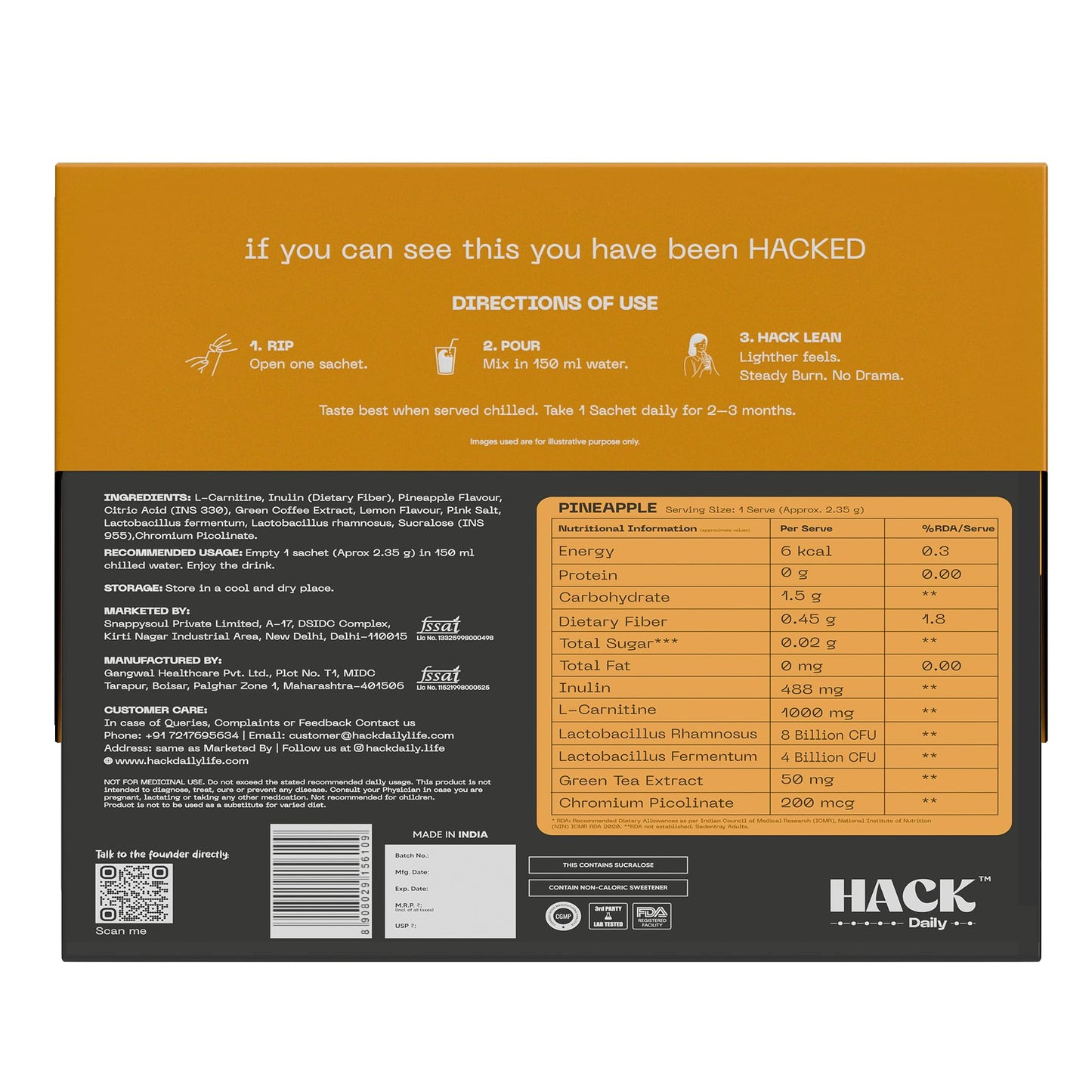 Hack Daily Lean Daily Metabolism Support Drink Mix | L-Carnitine, Probiotics (12Bn CFU), Chromium & Green Coffee Extract | Supports Weight loss & Fat Metabolism | Sugar-Free | Pineapple | 14 Servings