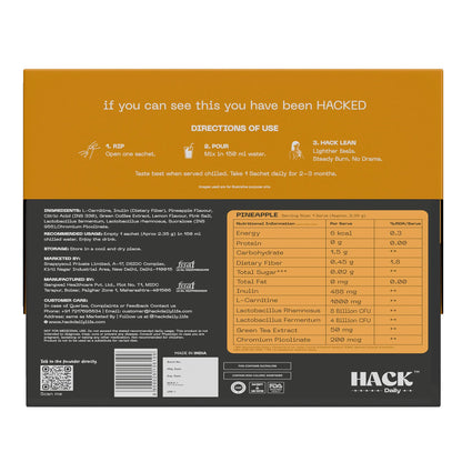 Hack Daily Lean Daily Metabolism Support Drink Mix | L-Carnitine, Probiotics (12Bn CFU), Chromium & Green Coffee Extract | Supports Weight loss & Fat Metabolism | Sugar-Free | Pineapple | 14 Servings