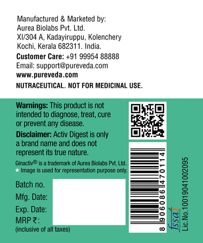 Pureveda Activ Digest - Full Spectrum Ginger Extract Capsule - Natural Digestion Supplement - Improve Gastrointestinal Health - 30 Veg Capsules