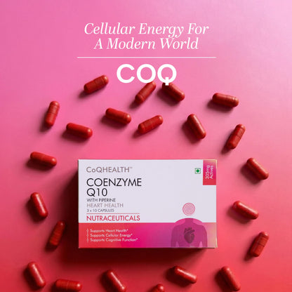 CoQHEALTH 300 mg | Coenzyme Q10 (Ubiquinone) + Piperine Supplement | Supports Cellular Energy, Heart Health & Cognitive Wellness | 30 Capsules | Vegetarian | Excelgenics