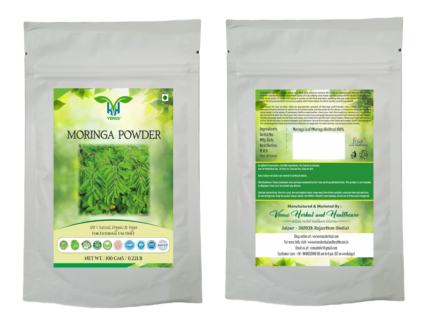 VENUS Unisex Moringa Leaf Powder For Hair Care | Natural - 100% Ground Moringa Oleifera Leaves (100 Grams)