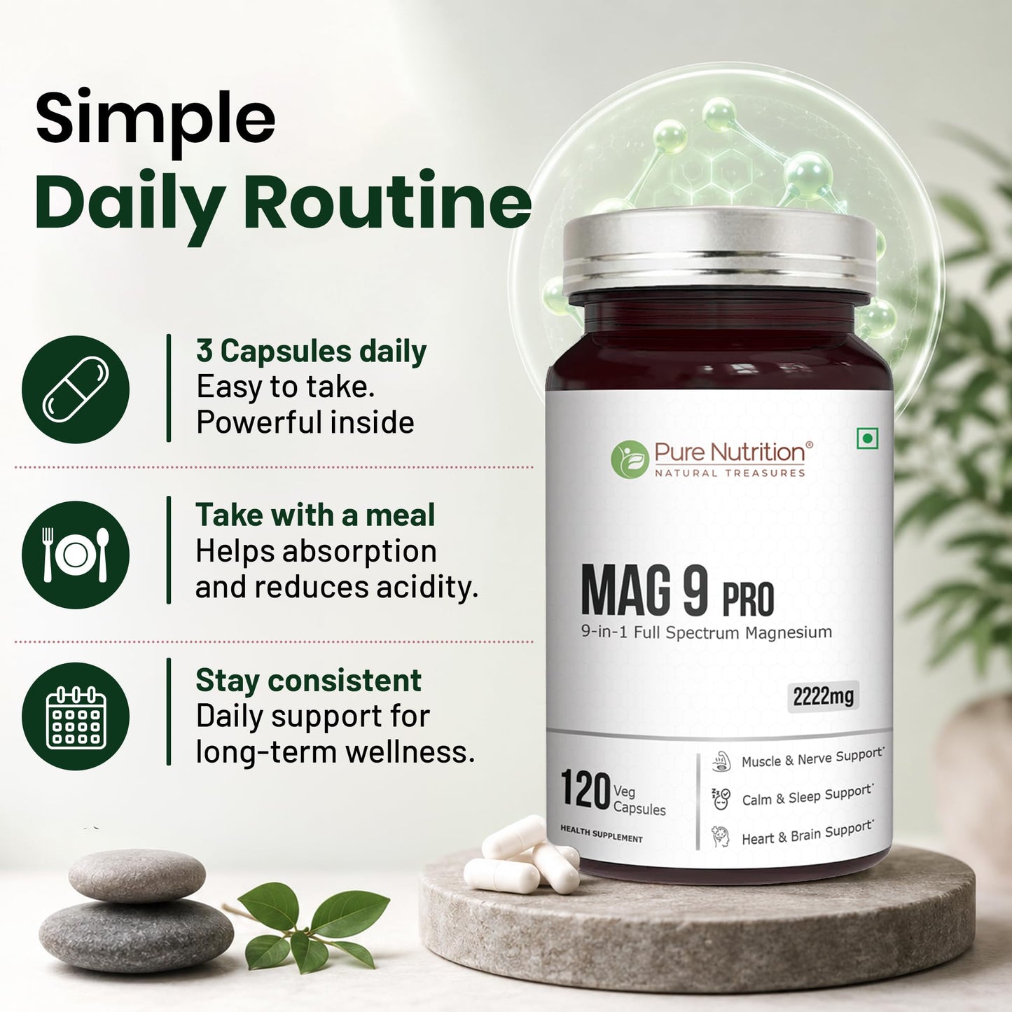 Pure Nutrition Mag 9 Pro - 120 Veg Caps | Magnesium Supplement with 9 Forms of High Absorption Magnesium Glycinate, L Threonate, Citrate for Sleep, Muscle, Nerve, Heart & Brain Health