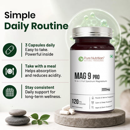 Pure Nutrition Mag 9 Pro - 120 Veg Caps | Magnesium Supplement with 9 Forms of High Absorption Magnesium Glycinate, L Threonate, Citrate for Sleep, Muscle, Nerve, Heart & Brain Health