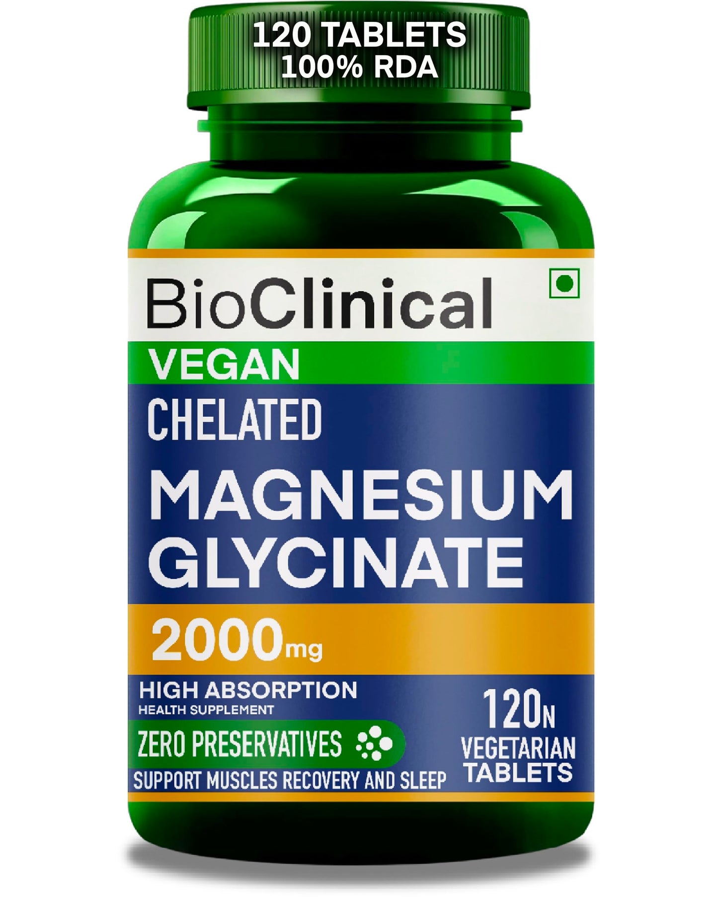 BioClinical Magnesium Glycinate Supplement 2000mg 120 Veg Tablets -High Absorption Chelated Magnesium Supplement Supports in Muscle Recovery, Sleep & Nerve Health for Men & Women -Zero Preservatives