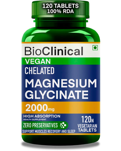 BioClinical Magnesium Glycinate Supplement 2000mg 120 Veg Tablets -High Absorption Chelated Magnesium Supplement Supports in Muscle Recovery, Sleep & Nerve Health for Men & Women -Zero Preservatives