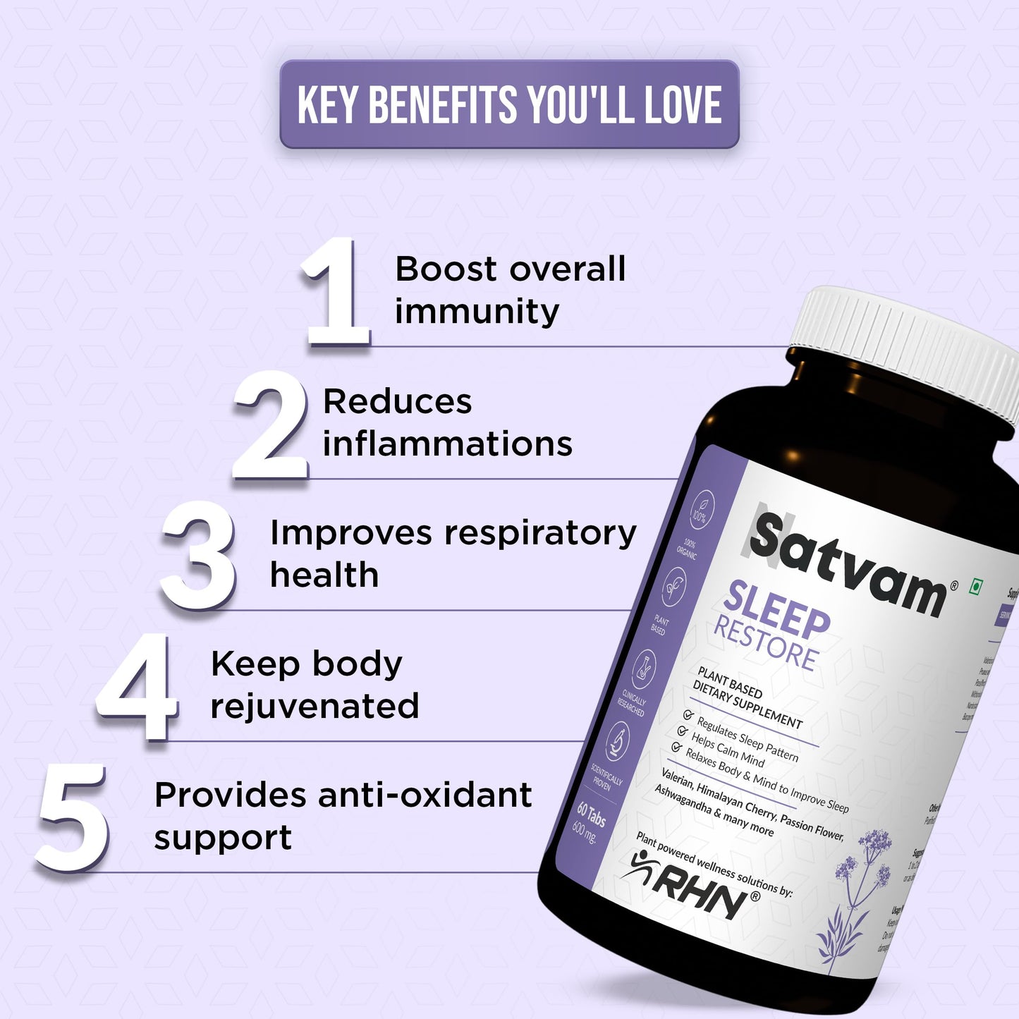 SATVAM Sleep Restore, Relaxation & Stress Relief Tablets (60 Veg Pills), Plant-Based, Vegan Formula with Valerian, Ashwagandha & Brahmi Supports for Calmness, Mental Clarity & Emotional Balance