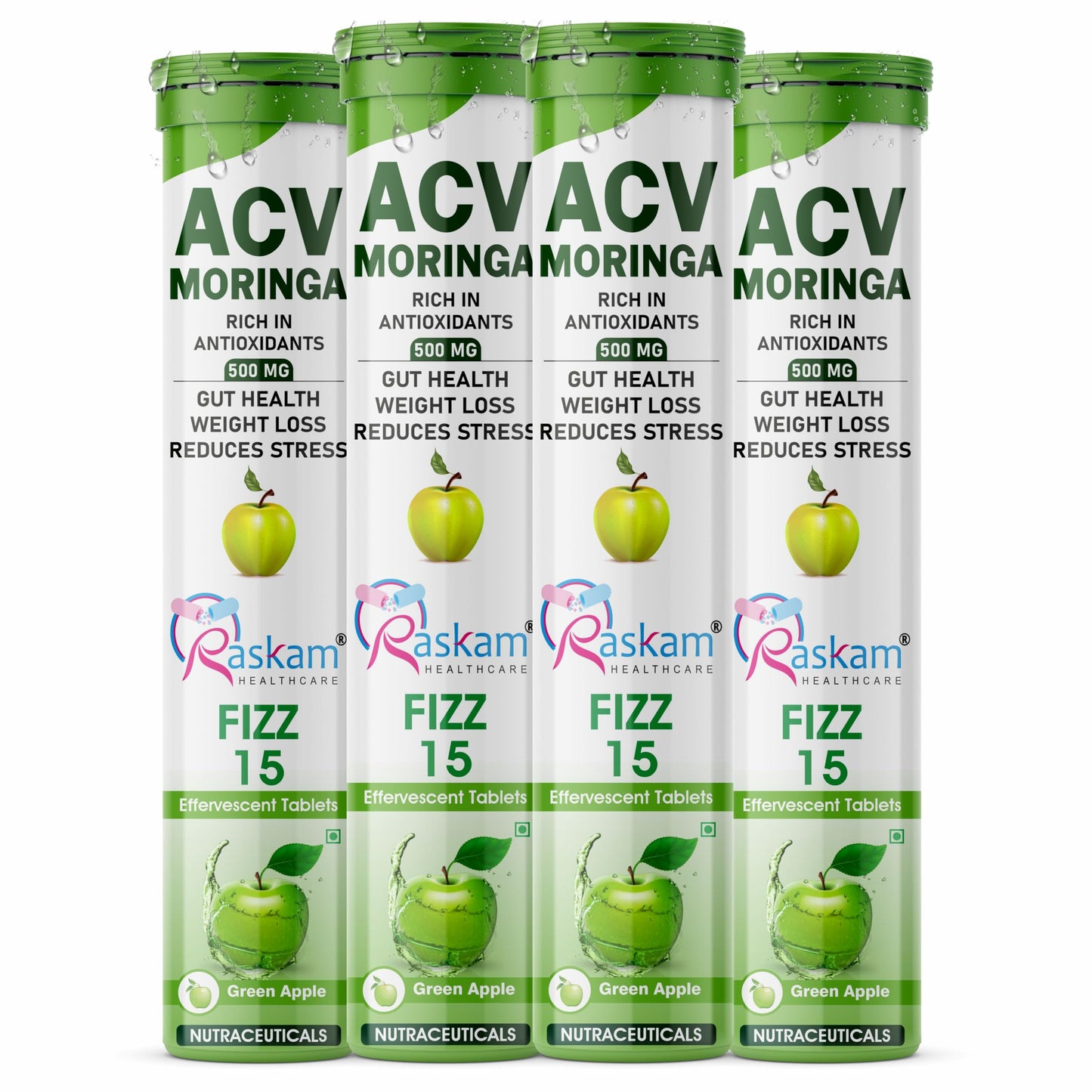 ACV Moringa Effervescent Tablets 500mg Apple Cider Vinegar with Moringa No Added Sugar for Gut Health Weight Loss Green Apple Flavor Pack of 4 (15 Tablets Each)