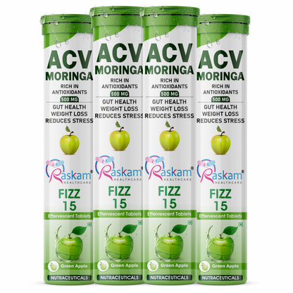 ACV Moringa Effervescent Tablets 500mg Apple Cider Vinegar with Moringa No Added Sugar for Gut Health Weight Loss Green Apple Flavor Pack of 4 (15 Tablets Each)