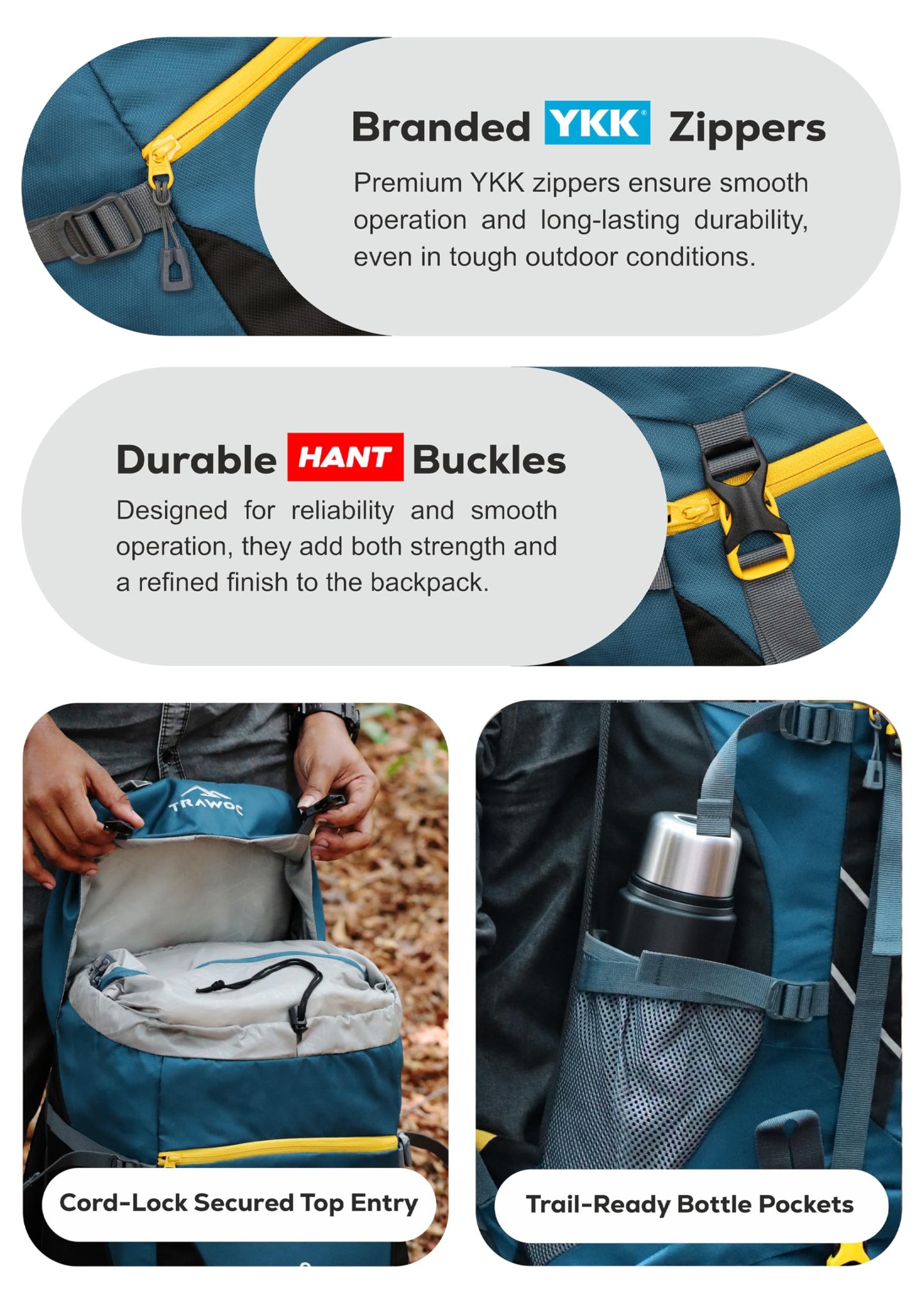 TRAWOC TREKELITE 60L Travel Backpack Hiking Trekking Bag Camping Rucksack for Men & Women with Water Proof Rain Cover/Shoe Compartment MHK004, 3 Year Warranty, English Blue