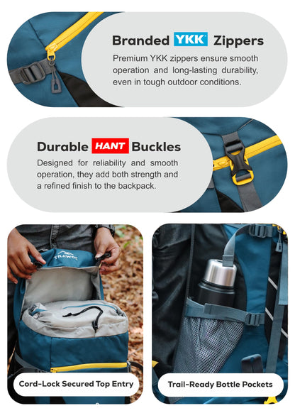 TRAWOC TREKELITE 60L Travel Backpack Hiking Trekking Bag Camping Rucksack for Men & Women with Water Proof Rain Cover/Shoe Compartment MHK004, 3 Year Warranty, English Blue