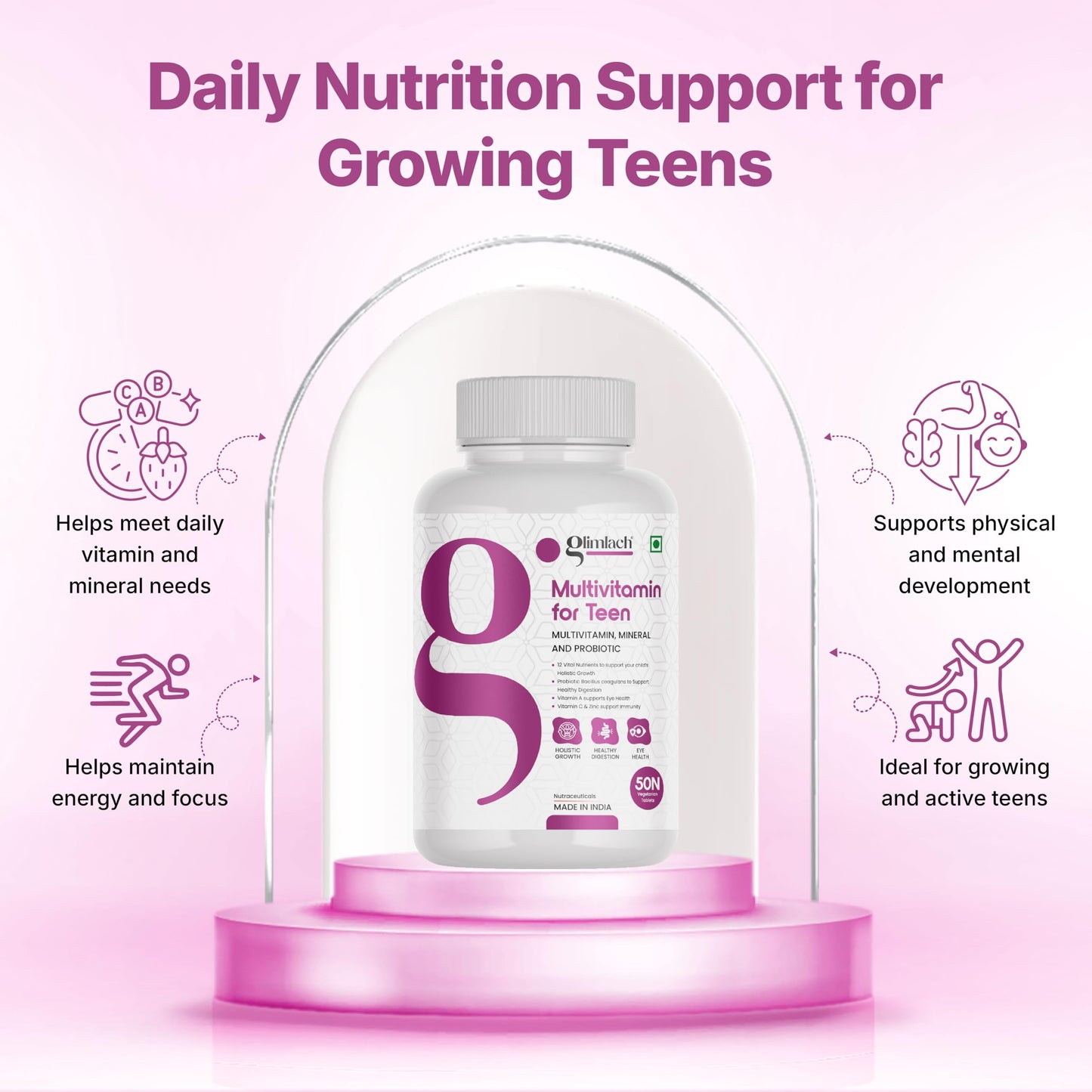 GLIMLACH Multivitamins For Teenagers, 50 Multivitamin Tablets, with Zinc, Vitamin C, Vitamin D3, Multiminerals and Enhances Energy, Stamina & Immunity