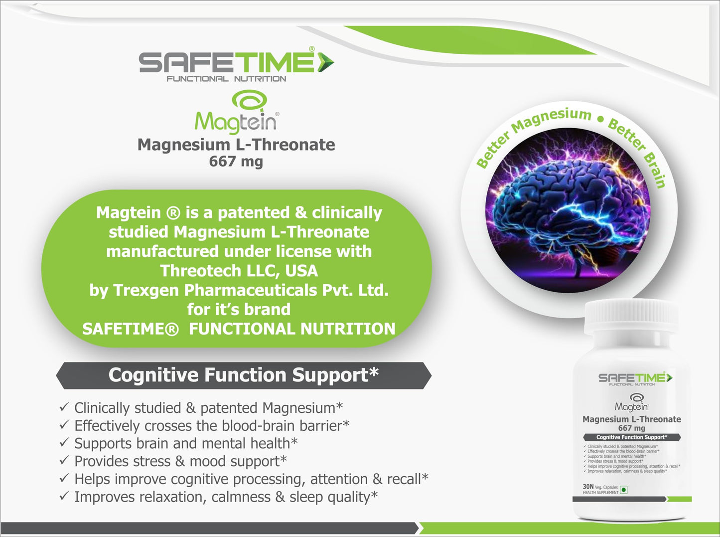 SAFETIME Functional Nutrition MAGTEIN Magnesium L Threonate Cognitive Function & Brain Health Support (30 Pack x 2 = 60 Veg Capsules)