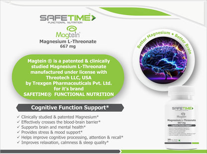 SAFETIME Functional Nutrition MAGTEIN Magnesium L Threonate Cognitive Function & Brain Health Support (30 Pack x 2 = 60 Veg Capsules)