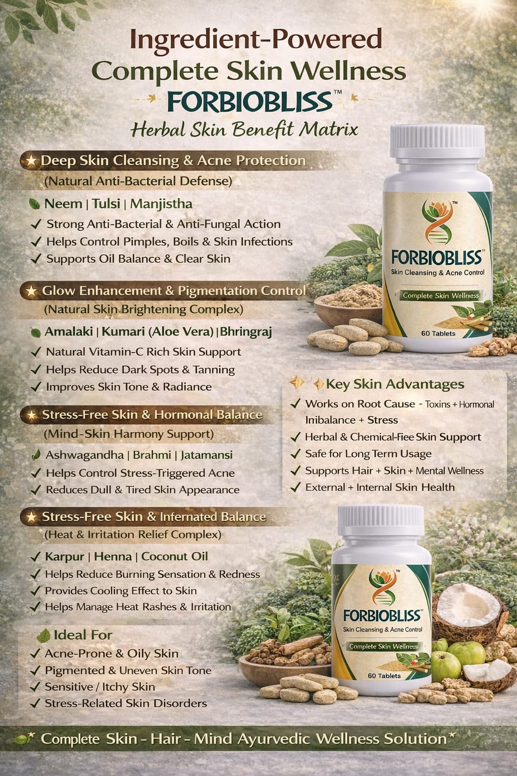 FORBIOBLISS Ayurvedic Skin Care Tablets, 60 Tablets