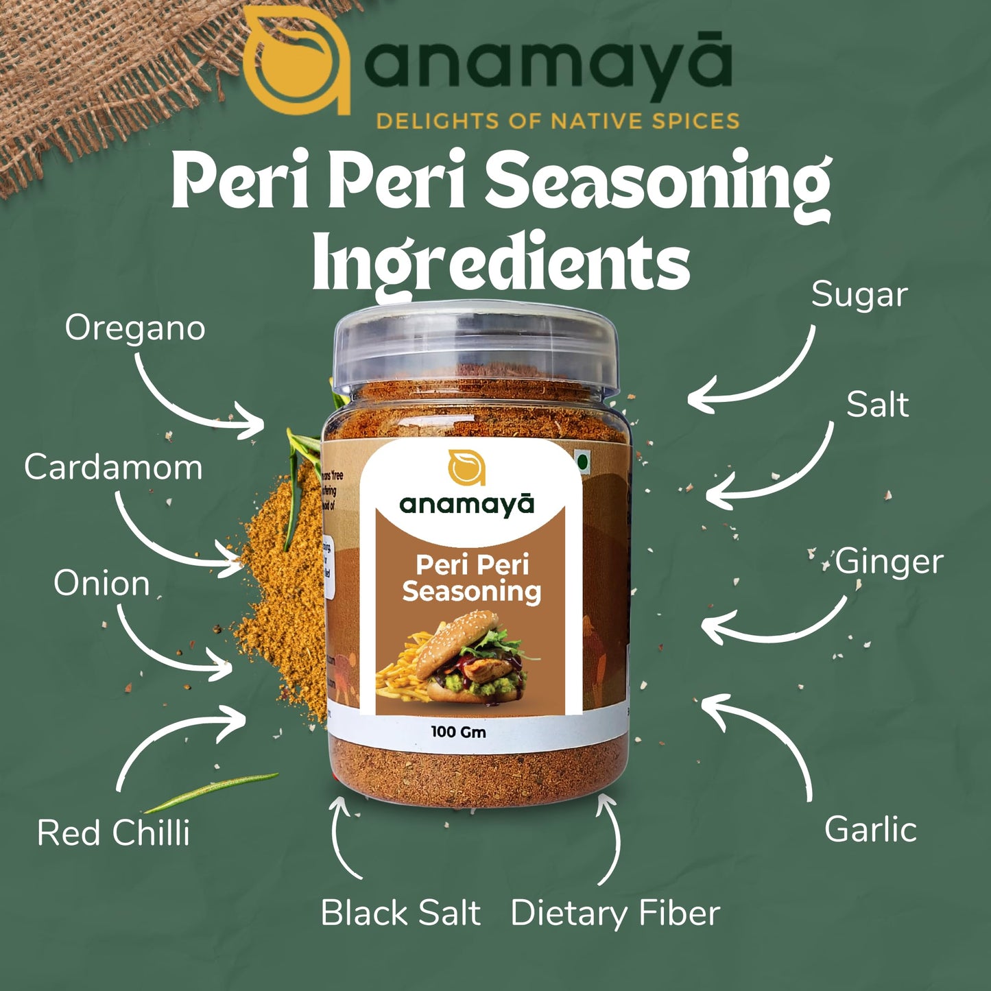 Anamaya Peri Peri Seasoning Powder 100 gms | Piri Piri Masala | Spice Level 3/5 | Pure & Natural Ingredients