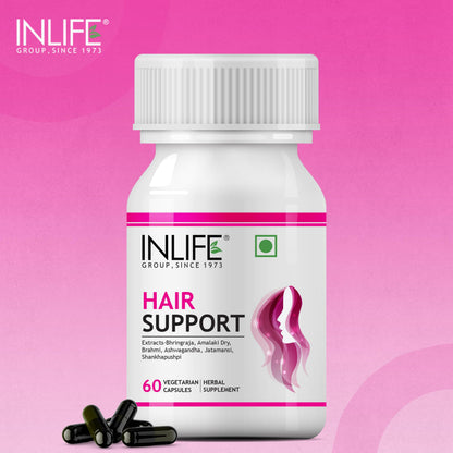 INLIFE Hair Support 500mg, Bhringraj Brahmi Ashwagandha, 60 Veg Capsules (Pack of 1, 60)