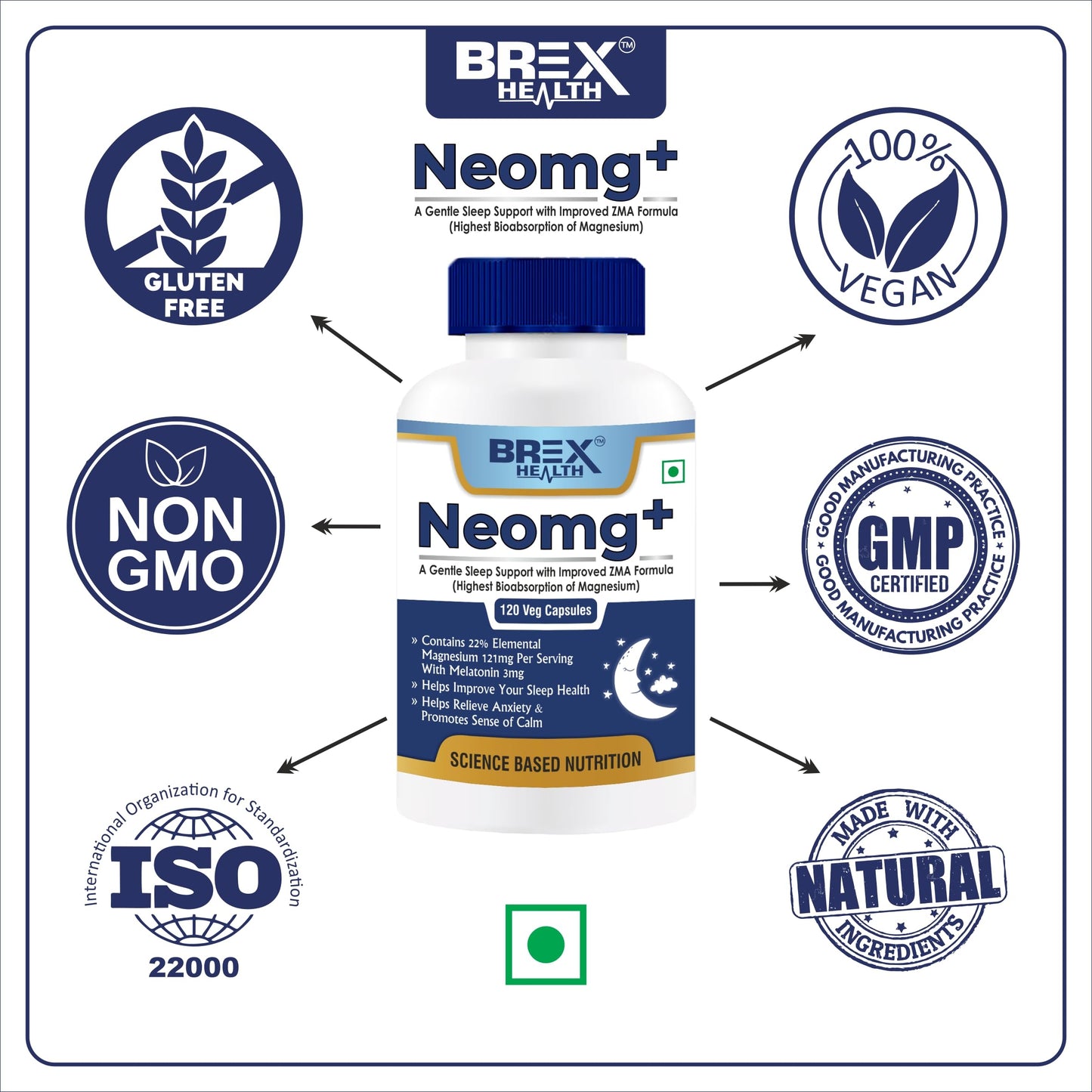 Brexhealth Neomg+ Highest Bioabsorption Of Magnesium Glycinate With Zinc, Valerian Root, Vitamin B6 & D3-120 Veg Capsules, Pack Of 1